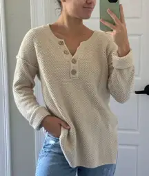Tan Oversized Loose V-Neck Henley Sweater