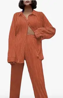 UANEO 2 Piece Copper Outfits for Women Summer Plisse Set Button Down Shirts Sets