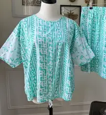 Vintage 90s Mint Green Abstract Tribal Print Shorts Shirt Set XL 1X