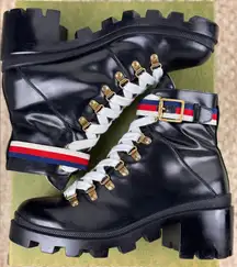 Gucci Sylvie Web Womens Lace Up Calfskin Leather Black Combat Boots Size 39.