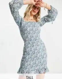 ASOS Influence Tall square neck long sleeve shirred smocked dress in blue floral size