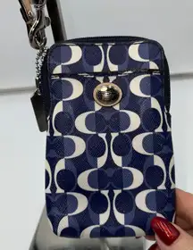 Coach Signature C Monogram Wristlet Pouch Navy Blue White Cosmetic Clutch