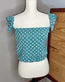 Green Floral Off The Shoulder Short Sleeve Crop Top Blouse Medium