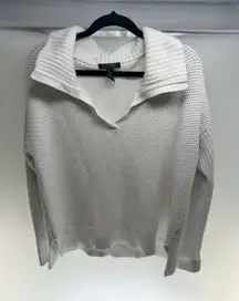 Lauren Ralph Lauren Womens Fold-Over‎ Collar Side Slits Pullover Sweater White L