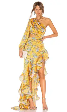 Bronx & Banco Hanna Asymmetrical One Shoulder Ruffle Maxi Gown Yellow Women's 4
