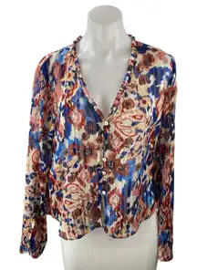 ZARA Women's Multicolor Floral Long Sleeve V Neck Button Down Shirt Blouse Top M