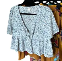 96. Floral knot peplum blouse Front Tie Crop Top blue Medium