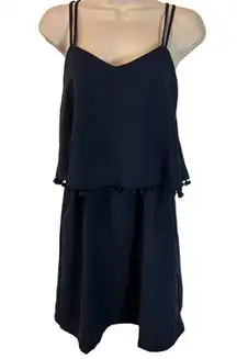 Joy Navy Blue Layered Spaghetti Strap Dress with Pom Pom Trim Size S