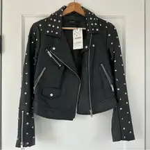 ZARA  Basic Outerwear Faux Leather Moto Jacket Studded Embroidered Black Sm