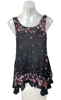 Free People Black Floral Print Sleeveless Ruffled Asymmetrical Tunic Tank Top XS