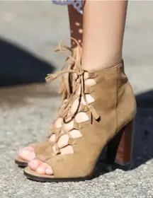 Frye Womens Tan Suede Gabby Ghillie Shooties Sz 7 Peep Toe Lace-Up Festival Boho