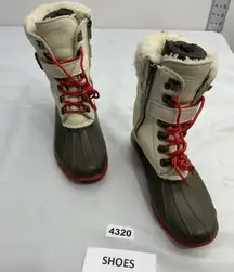 Womans Sperry Top Sider Winter Duck Boots 6 M Brown Ivory Lace Up Zip Up Lined