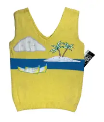 Vintage Oak Bluff Yellow Knit Sweater Vest L Beach Scene Palm Tree Design NWT