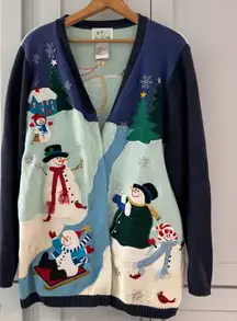 Quacker Factory Snowman Winter Cardigan Sweater Appliqué Beads‎ Colorful Large