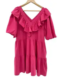 Entro Womens Tiered Puff Sleeve Mini Dress Hot Pink Ruffle V Neck Large‎