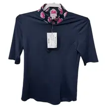 Tommy Bahama Golf Women's Size S 1/4 Zip Short Sleeve Top Navy Blue/Pink‎ Floral