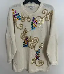 Vintage Victoria‎ Harbour White Sweater Sz L Sequin Bead Embellished WINE GRAPES