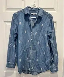 Foxcroft‎ NYC Blue Tencel Lyocell Chambray Pineapple Roll Tab Shirt Top US 6