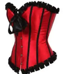 Ruby Red Steel Bonded Satin Ribbon Overbust Ruffle Waist Trainer Corset …