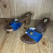 Dr Scholls Original Collection Wooden Sandal Slide Clogs blue buckle heeled