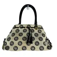 Dooney & Bourke DB Signature Cream Black Monogram Tassel Tote Handbag Bag READ