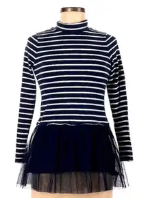 Lands End | Navy & White Stripe Ruffle Tule Hem Long Sleeve Blouse Size M