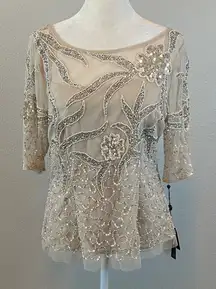 Adrianna Papell Sequined Sheer Top Beige Size 10 NWT