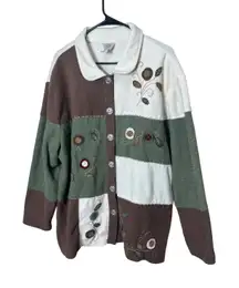 TEDDI 1X Patchwork Embroidered Cardigan Sweater Women's Earth Tones Button Up