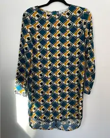 WAYF  Long Sleeve Midi Tunic Dress Unlined Gold Turquoise Geometric Pattern‎