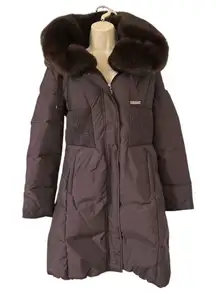 TAHARI WOMENS WINTER Faux Fur HOODED PUFFER COAT Size Small Sangria