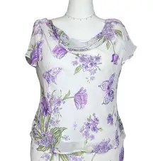 Vintage 90s Y2K White Purple Floral Butterfly Fairycore Top Large Easter Pastel