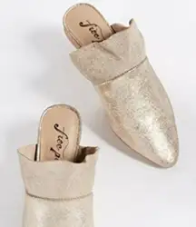 FREE PEOPLE Sienna ruffle Mule Slides gold tan casual classic suede 9 boho fall