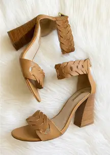 Louise et Cie Womens Leather Chunky Brown Ankle Wrapped Zip Up Heels sz 7.5 Chic