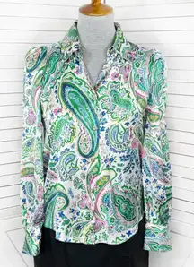 Zara Paisley Satin Button Up Blouse White Multi Small