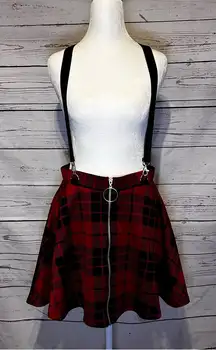 Hot Topic Red and Black Plaid Skater Skirt with Suspenders size medium