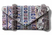 NWT Chico's Boho Fringe Embroidered Purple Blue Multicolor Evening Party Clutch