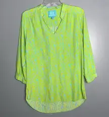 Escapade Lime Green & Sky Blue 3/4 Sleeve V Neck Smock Flowy Lightweight Top M