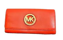 Michael Kors bi-fold long wallet coral leather MK logo gold‎ hardware