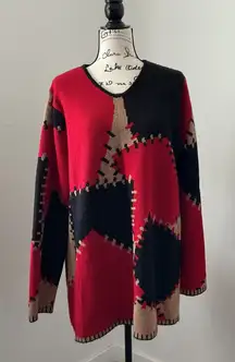 Vintage LEA Apparel Geometric Knit Sweater – Red Black Tan Patchwork Cozy Retro