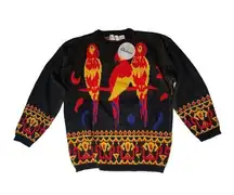 NEW Vtg Chateau Womens Sweater 80s Black Red Yellow Parrot Bird 3/4 Sleeves Sz M