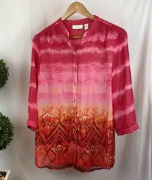 Chico's  Pink & Orange Print Half Sleeve Button Up Sheer Blouse Top 2 L