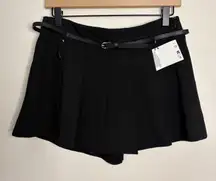 ZARA Black Pleated Skort with Faux Leather Belt Women's Size S