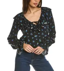 NWT WeWoreWhat Floral Print Ruffle Watercolor Ditsy Blouse in Black Multi
