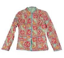 J. McLaughlin Jacket Women Small Green Orange Floral Quilted Boho Granny Grandma