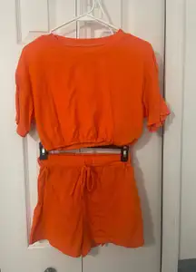 Neon Orange Monochromatic  Set Crop Top and Shorts Women Size Small