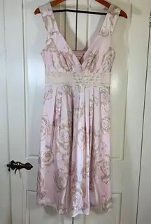 Sundance‎ Pink Silk Floral Midi Dress Size 6 Lace Empire Waist Romantic Party