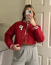 Red Cropped Bomber Racer Jacket