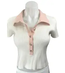 Sophie Rue White Pink Rib Knit Button Collar Short Sleeve Crop Polo Blouse Top M