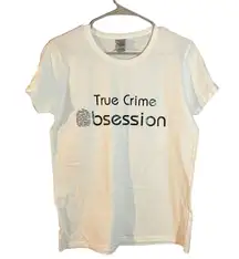Gildan White True Crime Obsession Fingerprint Logo Cotton T-Shirt Women Sz M