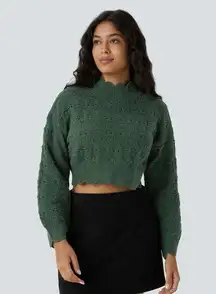 HALARA Green Mock Neck Bishop Sleeve Scallop Hem Open Knit Casual Sweater XS NEW